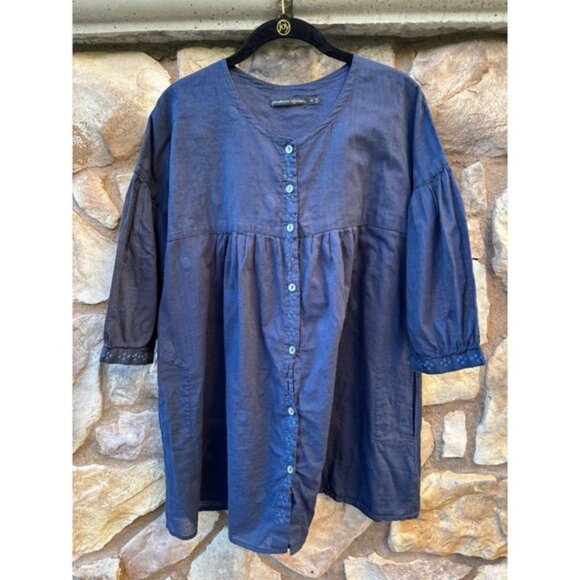 Gudrun Sjoden Tunic Top Organic Cotton Navy Medium Pockets Embroidered Button Up - Picture 1 of 7